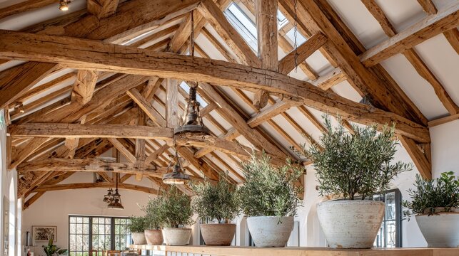 Exposed timber beams in a rustic vaulted ceiling interior