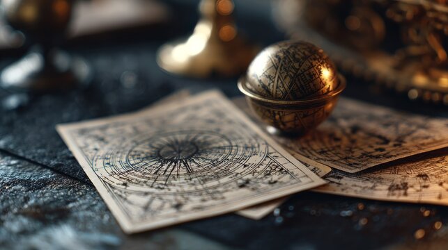 Vintage celestial globe and star charts on a desk