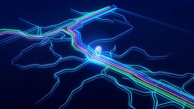 Map navigation with glowing blue lines and location pin on dark background featuring neon, technology, digital with futuristic and route elements for