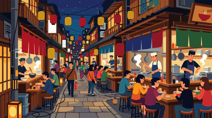 Obraz premium Vector illustration of a bustling Japanese food market at night, with people dining at ramen stalls under glowing lanterns.