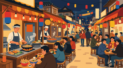 Obraz premium A vibrant illustration of a bustling Asian street food market at night, where crowds of people gather to eat noodles and traditional dishes under the warm glow of lanterns.