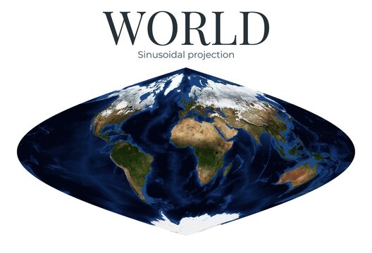 World Map. Sinusoidal projection. High Detail Physical Map of The Earth. Raster Graphic Illustration. Elements of this image furnished by NASA.