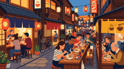 Naklejka premium An illustration of a bustling Japanese street food market at night, where diverse people gather at outdoor stalls to enjoy steaming bowls of ramen under the warm glow of lanterns.