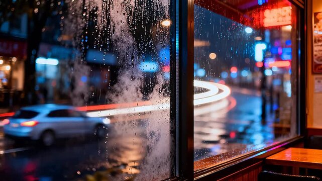 Rainy night city street with car light trails through window