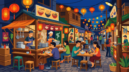 Naklejka premium A vibrant illustration of a bustling Asian night market, where people eat noodles at a traditional street food stall under glowing red and orange lanterns.
