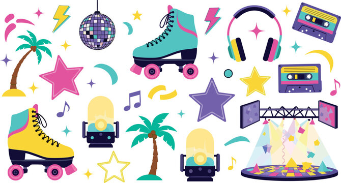 Retro 80s Disco and Roller Skating Icons Collection with Disco Ball, Headphones, Cassette Tape, Star Shapes, Music Notes and Palm Trees