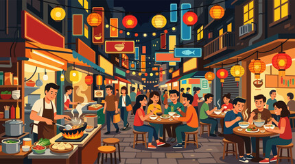 Naklejka premium A vibrant illustration of a busy Asian street food market at night, with people eating noodles and a chef cooking at a stall under glowing lanterns.