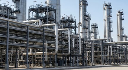 Fototapeta premium Industrial Oil Refinery with Pipes and Towers Against Blue Sky