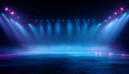 Abstract blue neon stadium background illuminated with lamps on ground. Science, product and sports technology background.