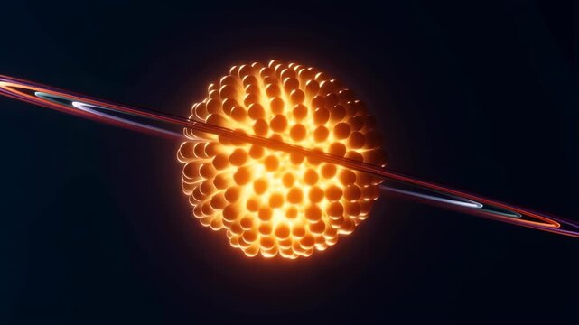 Nucleus atomic with glowing orange core and swirling rings in space featuring atom, science, physics with chemistry and 3D elements for illustration,