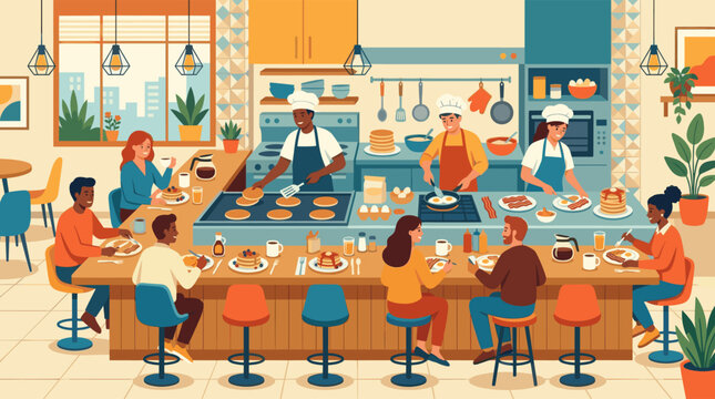 A vibrant illustration of a bustling diner where diverse customers eat breakfast at the counter as chefs cook pancakes and eggs in the open kitchen.