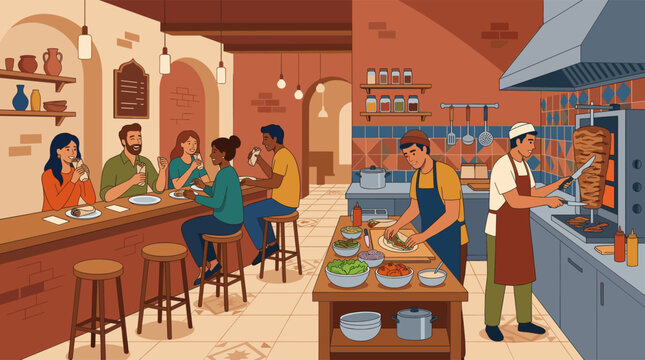 A diverse group of friends enjoys eating fresh shawarma wraps at the counter of a bustling and authentic Middle Eastern restaurant with an open kitchen.