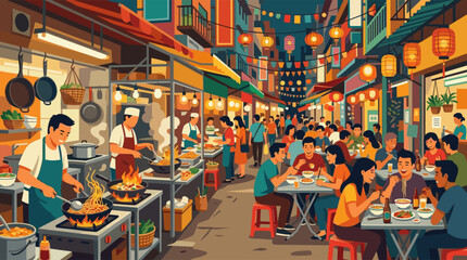 Naklejka premium A vibrant illustration of a bustling Asian night market with people eating noodles at food stalls under glowing lanterns.
