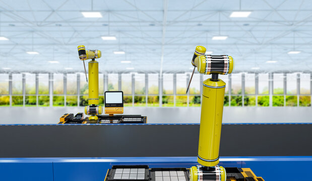 Automation industry concept with robot assembly line in factory