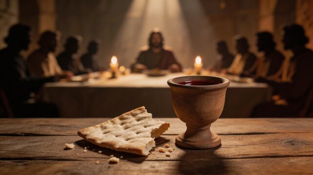 Unleavened bread and a clay chalice of wine in sharp focus on a rustic wooden table. Blurred background of Jesus Christ and disciples at the Last Supper. Concept of Holy Communion, eucharist.