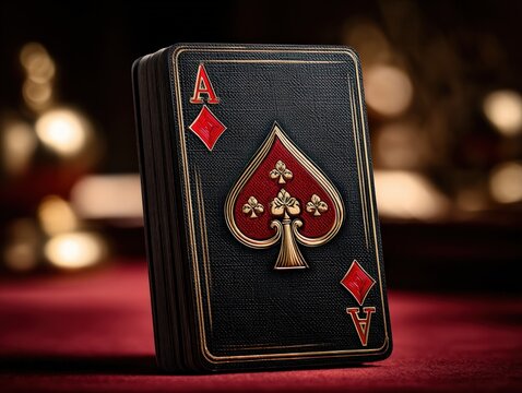 Luxury Ace of Spades Playing Card Standing on Red Velvet Table with Casino Bokeh Lights