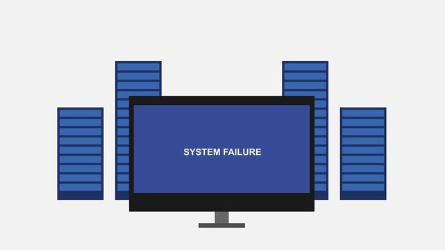 System Failure: An illustration depicting a system failure, with a computer screen displaying an error message surrounded by server towers.
