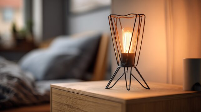 Geometric wire lamp with warm LED glow on wooden table