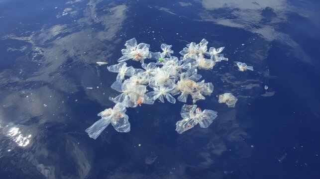 Plastic debris floating on the blue ocean water surface