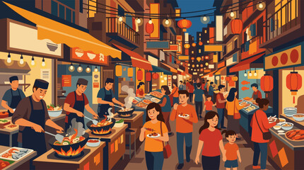 Obraz premium A vibrant vector illustration of a bustling Asian night market, where crowds of people and families enjoy delicious street food under glowing lanterns.