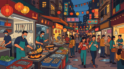 Naklejka premium A lively illustration of a bustling Asian night market, where crowds of people eat street food from stalls under the warm glow of red lanterns and neon signs.