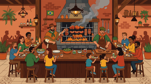 A diverse group of friends and family enjoy a festive meal at a rustic Brazilian churrascaria, with gauchos serving grilled meat.