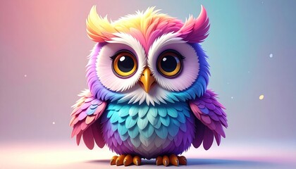 Fototapeta premium Charming Digital Illustration of a Kawaii Rainbow Owl with Big Expressive Eyes, Radiating Whimsy and Joy on a Soft Pastel Background