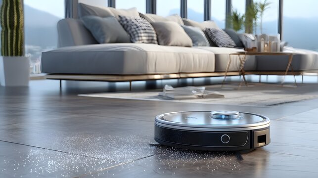 Smart robot vacuums sweep dust across polished floor