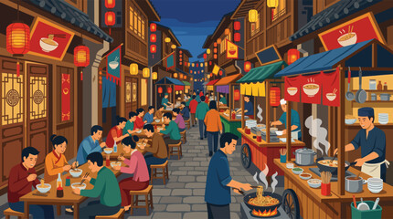 A vibrant illustration of a bustling Asian night market where people eat noodles at street food stalls under the warm glow of traditional red lanterns.
