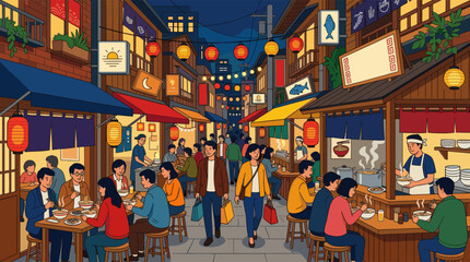 Naklejka premium Vibrant illustration of a bustling Japanese night market with crowds of people eating at food stalls under glowing red lanterns.