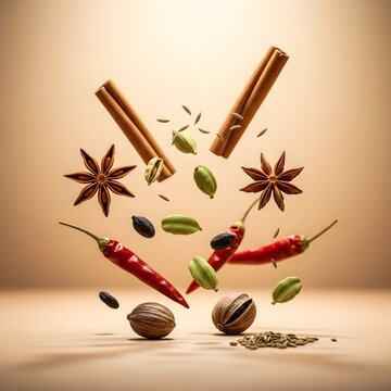 Vibrant macro composition of star anise, cinnamon, chilies, cardamom and cumin seeds floating weightlessly against soft beige background, warm diffused natural light, dreamy ethereal atmosphere.