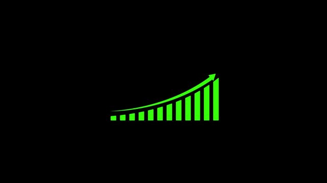Green bar graph with upward trending arrow on black background bar chart rising