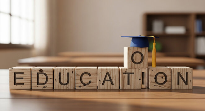 Wooden blocks spelling education on wooden table with blue pencil and natural light