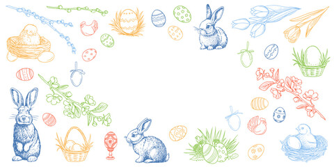 Easter vintage frame with spring flowers, bunny, eggs and chicks.