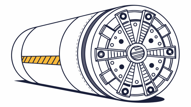 A vector graphic illustration of a tunnel boring machine with a circular cutting wheel and yellow safety stripe