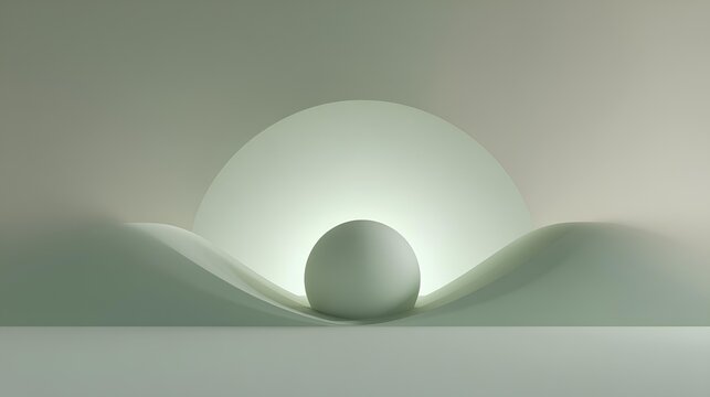 Spherical Harmony: A luminous sphere rests gracefully amidst undulating forms, creating a serene and minimalist composition. This image showcases a balanced blend of light, shadow.
