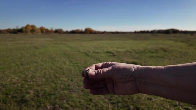 Puffball mushroom releasing spores as it is gently crushed by fingers. Slow motion cloud of fungal dust bursts into the air on a windy autumn day on the Great Hungarian Plain near Farmos, Hungary.