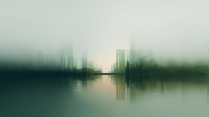 Fototapeta premium Abstract Cityscape by the Lake: An ethereal cityscape blends into the serene waters of a tranquil lake, the sky merging seamlessly with the misty skyline.