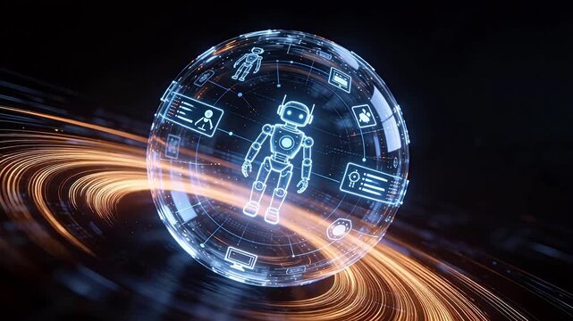 Holographic sphere with robot and icons on black background