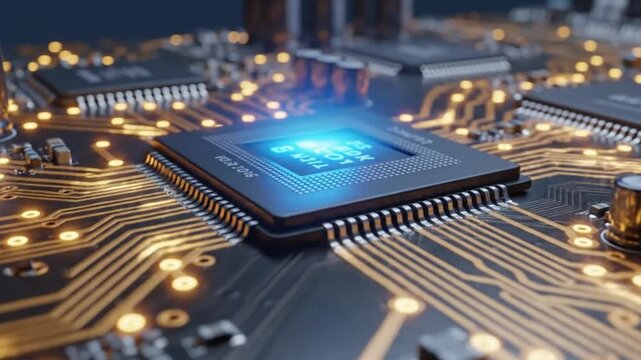 Closeup of a computer circuit board with glowing blue chip and microchips on a dark background with gold wiring and components