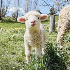 Obraz premium Adorable lamb standing on grass and smiling into the camera