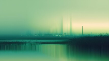 Fototapeta premium Industrial Abstract in Verdant Hues: A contemplative abstract showcases the silhouette of an industrial landscape mirrored in serene water, draped in tranquil green tones.