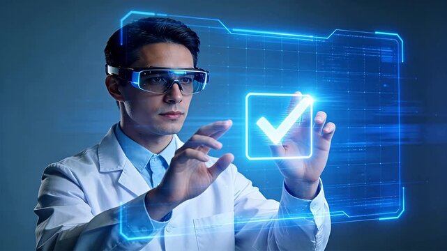 Man in lab coat controlling holographic interface with smart glasses