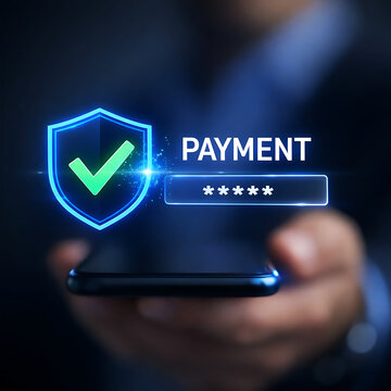 Secure payment confirmation with shield icon and password field displayed on smartphone screen held by hand symbolizing safe mobile banking transactions and cyber security in dark setting