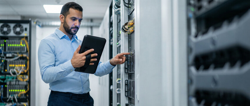 IT Technician Managing Edge Computing Facility Operations with Tablet, Professional System Administrator Checking Server Racks in Data Center