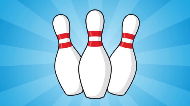 Three white bowling pins on blue radial comic background