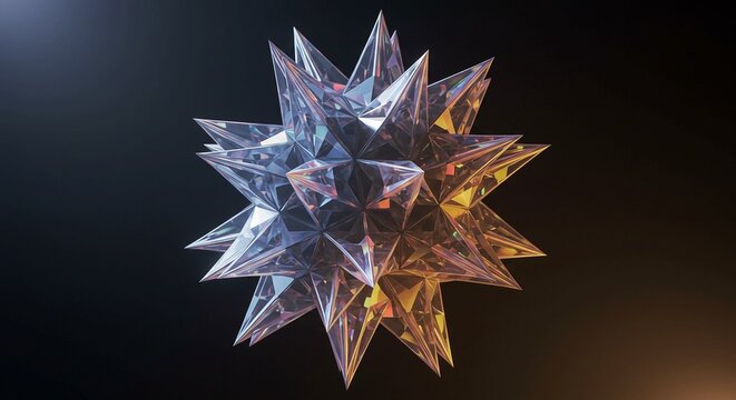 3D crystal starburst shape with sharp facets and gradient colors on dark background