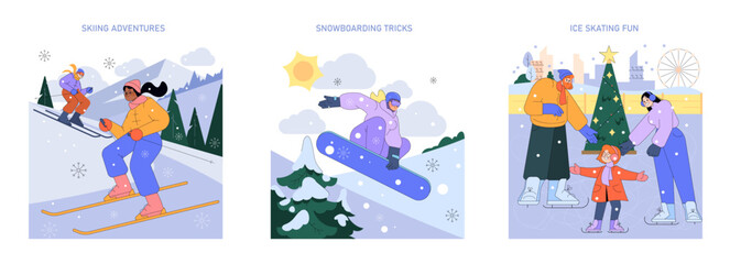 Fototapeta premium Winter Sports Fun Illustration: Skiing, Snowboarding, Skating