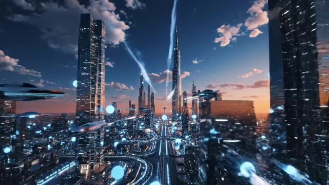 Futuristic cityscape with sleek skyscrapers and flying saucers in a neonlit evening setting with a blend of technology and science fiction elements