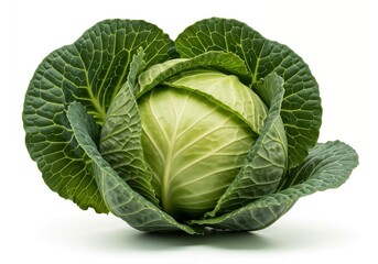 Fototapeta premium Fresh green cabbage with vibrant leaves, isolated against a clean white background
